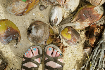 Close up female feet walking on cocoes on the beach
