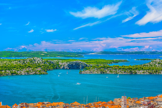 Sibenik coastal view scenery. / Aerial view at marble archipelago in Dalmatia region, Sibenik channel travel destination.
