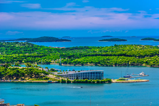 SIbenik islands archipelago landscape. / Aerial view at marble coastline in Dalmatia region, Sibenik channel tourist resort.