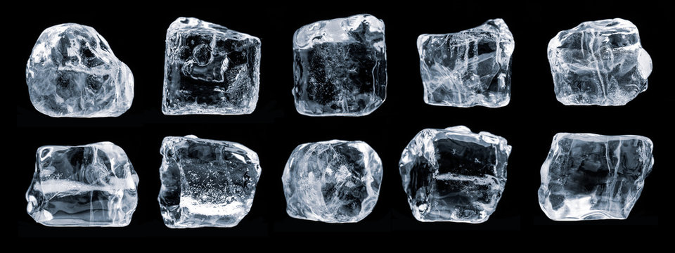 Set of ice cubes, isolated on black background,  Clipping path for each piece included.