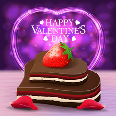 Bright greeting card for Valentine's Day with a shining heart, gift, strawberry and chocolate candy