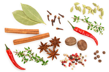 mix of spices isolated on a white background. Top view. Flat lay. Set or collection
