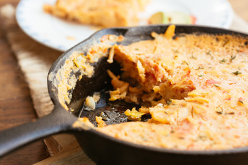 Home made rutabaga frittata in a cast iron pan (vegan)
