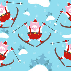 Cute cartoon pink pig the symbol of chinese new year 2019. Baby seamless pattern graphic design page. Funny Piggy in santa hat riding a skiing. Greeting card. Vector illustration