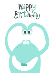 Cute green monster hand drawn children vector illustration. Baby graphic for kids t-shirt print. Poster with lettering - happy birthday. Inspirational quote with letters and eyes.