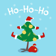 Cute cartoon fir tree in red costume and  bag with presents . Greeting card baby graphic design. Funny font santa say - ho ho ho. Vector illustration