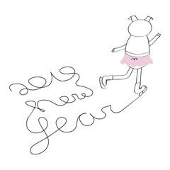 Cute cartoon hand drawn pig the symbol of chinese year 2019. Baby book graphic design page. Funny Piggy riding a skates. Greeting card with font New year. Vector illustration