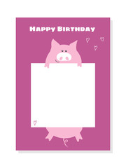 Happy Birthday card with pink little pig and white empty place for your celebration text. Vector graphic design illustration with cute animal