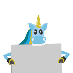 Cute blue unicorn with board with empty place on white background. Card for baby birthday