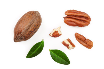 pecan nut decorated with green leaves isolated on white background. Top view. Flat lay