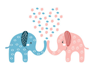 Two cute boy and girl elephants kiss with abstract heart. Stylized love pattern with pink flower and blue drop. Beautiful baby graphic textile print