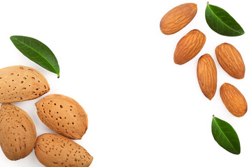 almonds with leaves isolated on white background with copy space for your text. Top view. Flat lay pattern