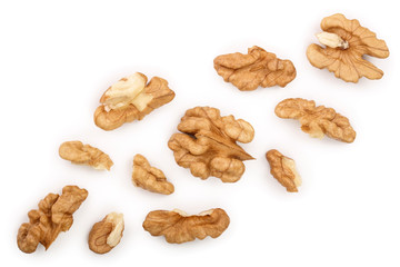 Fototapeta na wymiar peelled Walnuts isolated on white background with copy space for your text. Top view. Flat lay