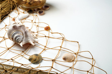 Nautical life style items: sea shells, rope and old empty photo for the inside. Marine concept.