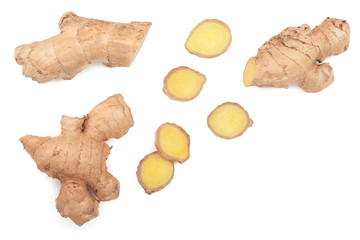 fresh Ginger root and slice isolated on white background with copy space for your text. Top view. Flat lay