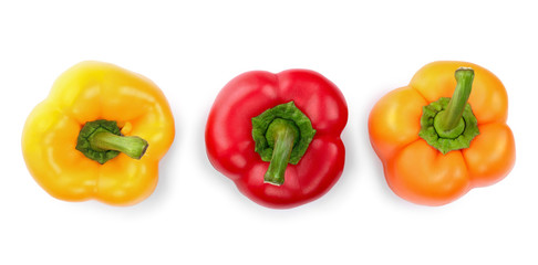 yellow orange and red sweet bell pepper isolated on white backgro. Top view. Flat lay