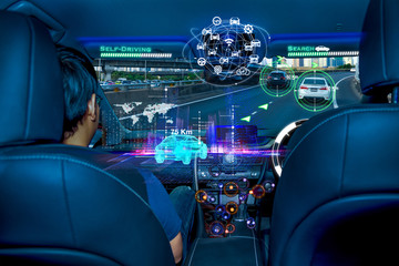 Autonomous car with passengers, Future technology smart car concept