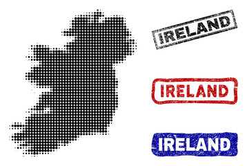 Fototapeta na wymiar Halftone vector dot abstracted Ireland Island map and isolated black, red, blue grunge stamp seals. Ireland Island map name inside rough rectangle frames and with grunge rubber texture.
