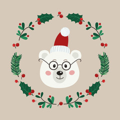 The face of cute white bear with a wreath of leaves and twigs