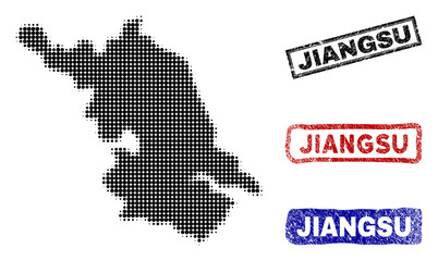 Obraz premium Halftone vector dot abstract Jiangsu Province map and isolated black, red, blue scratched stamp seals. Jiangsu Province map name inside rough rectangle frames and with scratched rubber texture.