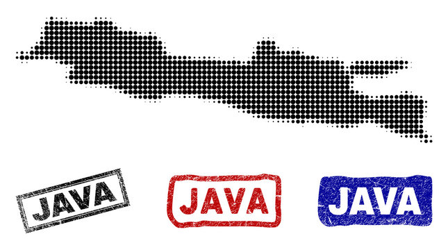 Halftone dot vector abstract Java Island map and isolated black, red, blue rubber-style stamp seals. Java Island map tag inside draft rectangle frames and with scratched rubber texture.