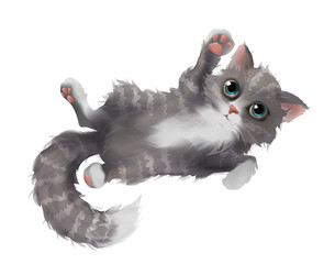 Gray white striped kitten 3d realistic, Isolated on white background. Fluffy cat character.