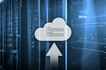 Cloud storage, data access, login and password request window on server room background. Internet...