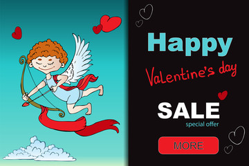 Sale banner template design. Valentine's Day greeting card for print. Angel shoots a bow, illustration of a cloud.