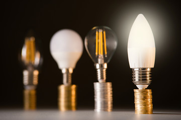 Led lamps stand on money coins near the house layout on a black background