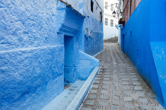 beautiful narrow street in blue city Chefchaouen in Morocco