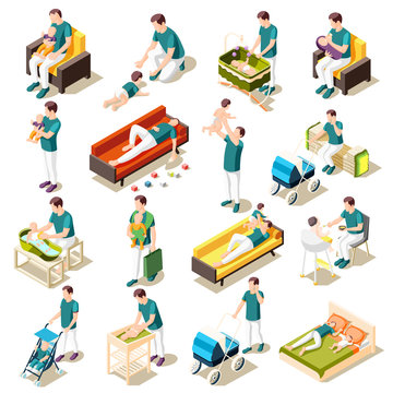 Fathers On Maternity Leave Isometric Set