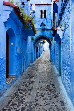 blue tunnel on the street in blue city Chefchaouen in Morocco