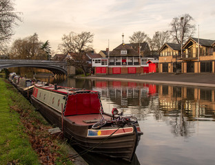 Fototapeta na wymiar Canal boats moored in cambridge on a winters evening