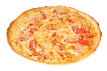 Appetizing pizza with cheese, tomatoes and bacon. Isolated on white background.