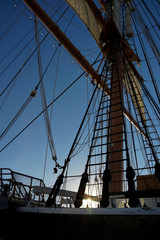 Silhouette of sails and mast of the historic Star of India sailing ship