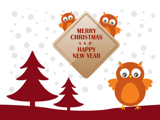 Greeting card with cute owls  for Merry Christmas and Happy New Year - Vector Illustration