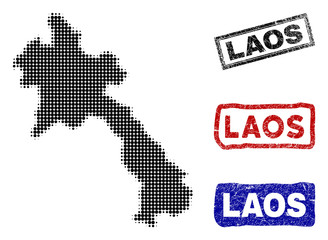 Obraz premium Halftone dot vector abstracted Laos map and isolated black, red, blue rubber-style stamp seals. Laos map caption inside rough rectangle frames and with corroded rubber texture.