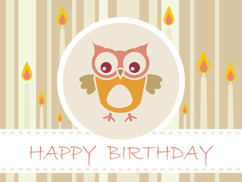 Flat Birthday party card with cute owls and candles - Vector Illustration