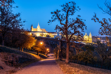 Evening view of illuminated Prague Castle, Prazsky Hrad, from Petrin Gardens, Prague. Czech Republic.