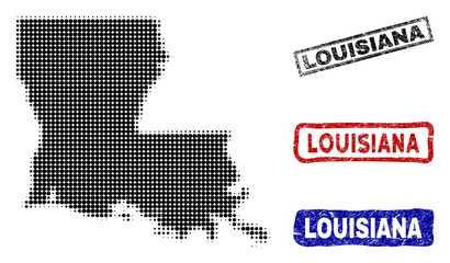 Halftone vector dot abstracted Louisiana State map and isolated black, red, blue rubber-style stamp seals. Louisiana State map title inside rough rectangle frames and with distress rubber texture.