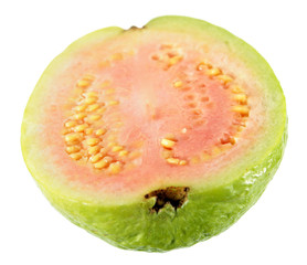 Ripe pink apple guava (Psidium guajava) fruit cut in half lengthwise isolated on white background