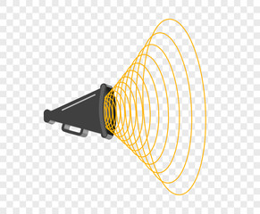 3D megaphone hailer, talking loudly to turn. Sound waves are directed. Vector design element, icon on isolated transparent background.