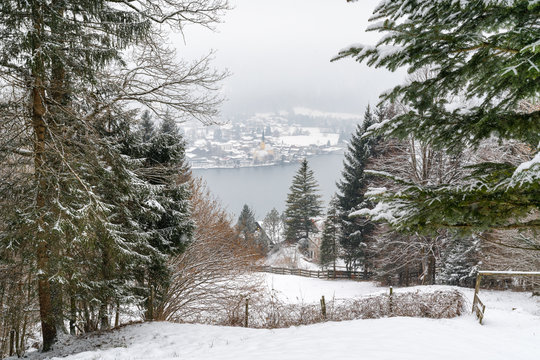 The mountain trail at the lake Tegernsee (German: Tegernseer H&ouml;henweg) in the Bavarian Alps, Germany. The area around the Tegernsee lake serves as a recreational area with activities including hiking.