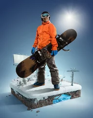 Rolgordijnen Wintersport Wintersportconcept. Winterse achtergrond. 3D illustratie in realistische stijl.