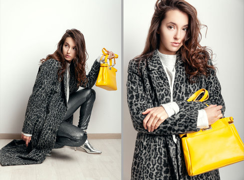 Fashion Portrait Of Young Beautiful Woman In Trendy Coat With Grey Animal Print And Yellow Handbag. Street Casual Look. Collage.