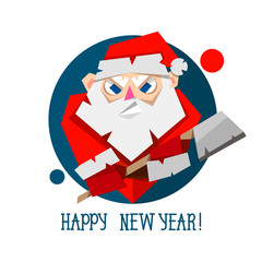 Santa Claus hat and beard in paper cut style. Origami Merry Christmas and Happy New Year Greetings card.