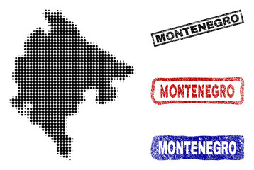 Obraz premium Halftone vector dot abstracted Montenegro map and isolated black, red, blue grunge stamp seals. Montenegro map title inside rough rectangle frames and with corroded rubber texture.