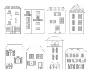 Hand-drawn houses collection. Various houses with Windows, shutters, balconies and doors in Italian style on white background. Black and white vector illustration. 