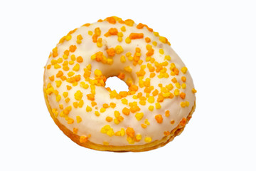Donuts with candied orange and lemon crusts. On white background, isolated.