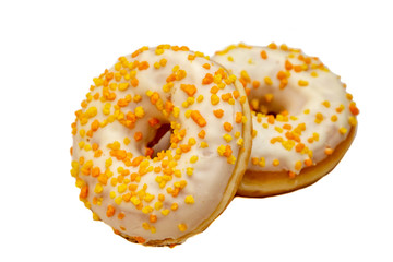 Donuts with candied orange and lemon crusts. On white background, isolated.